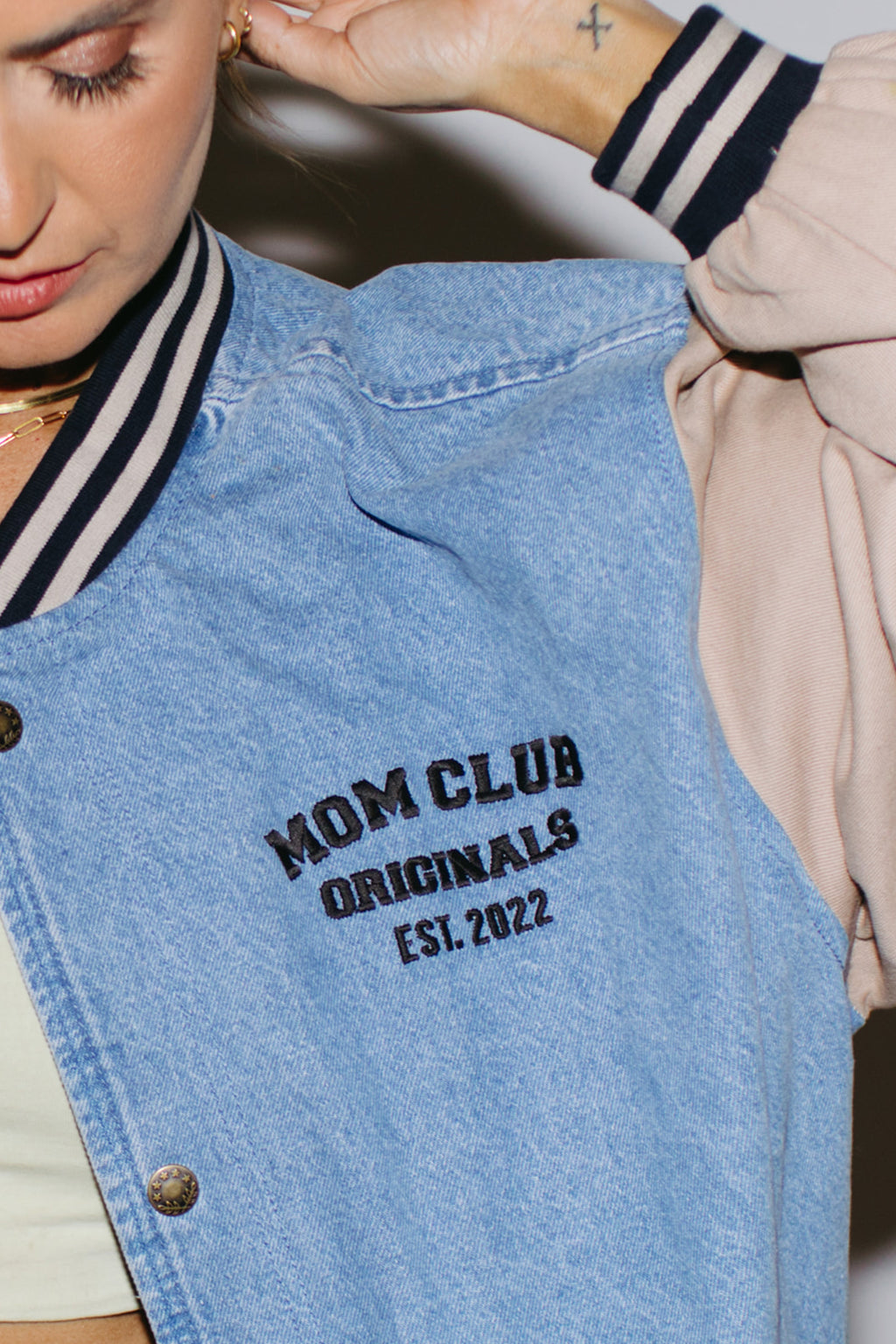 Mom Club Denim Varsity Jacket - This item is made with love so Please allow 2-3 weeks for production prior to shipment! :)