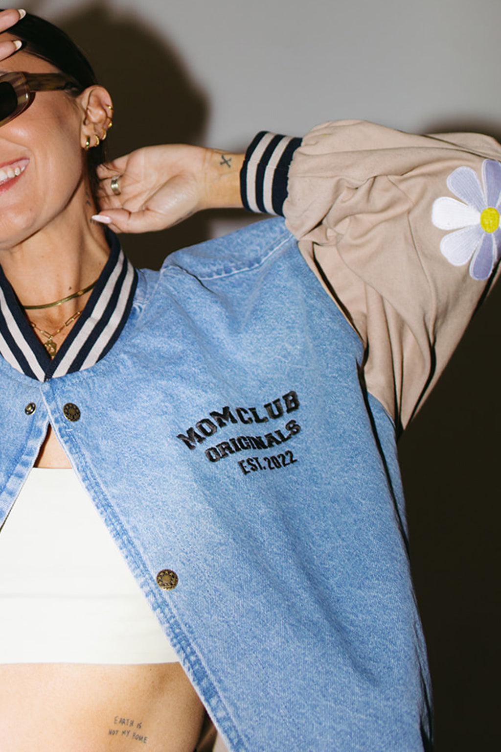 Mom Club Denim Varsity Jacket - This item is made with love so